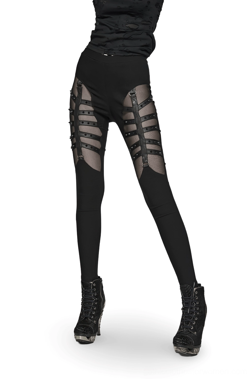 Black mesh studded gothic leggings with skeleton strap details, three-quarter view worn by model