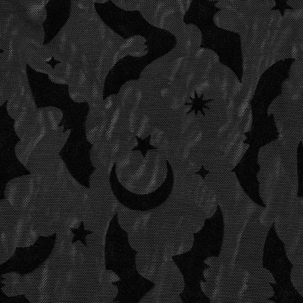 Flocked print detail of black bats crescent moons and stars on sheer mesh gothic long sleeve top