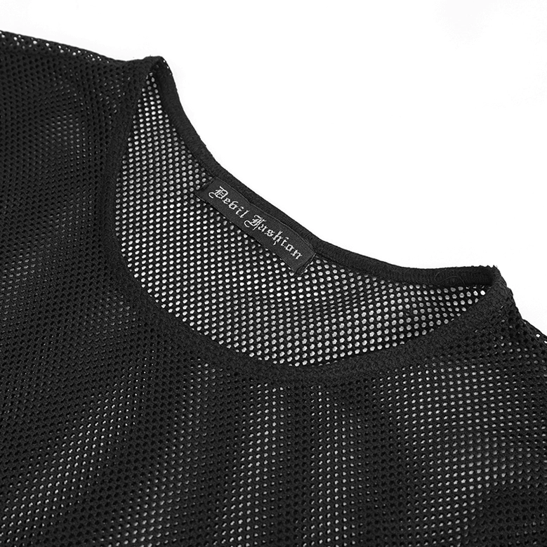 Black mesh long sleeve top neckline detail - close-up of round neck construction and black mesh weave texture showing transparency