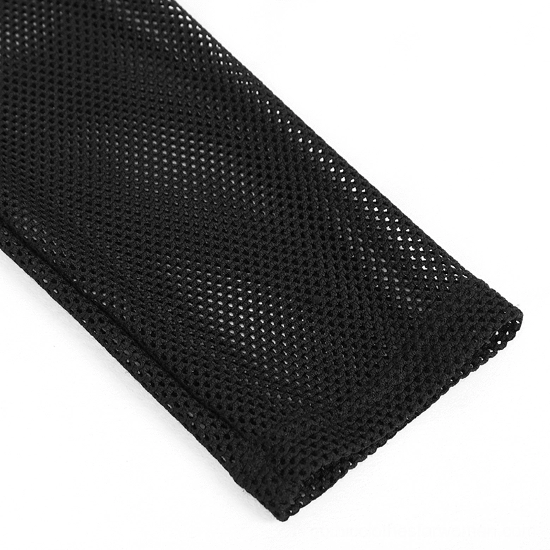 Black mesh long sleeve top cuff detail - close-up of finished sleeve hem and breathable polyamide mesh fabric weave