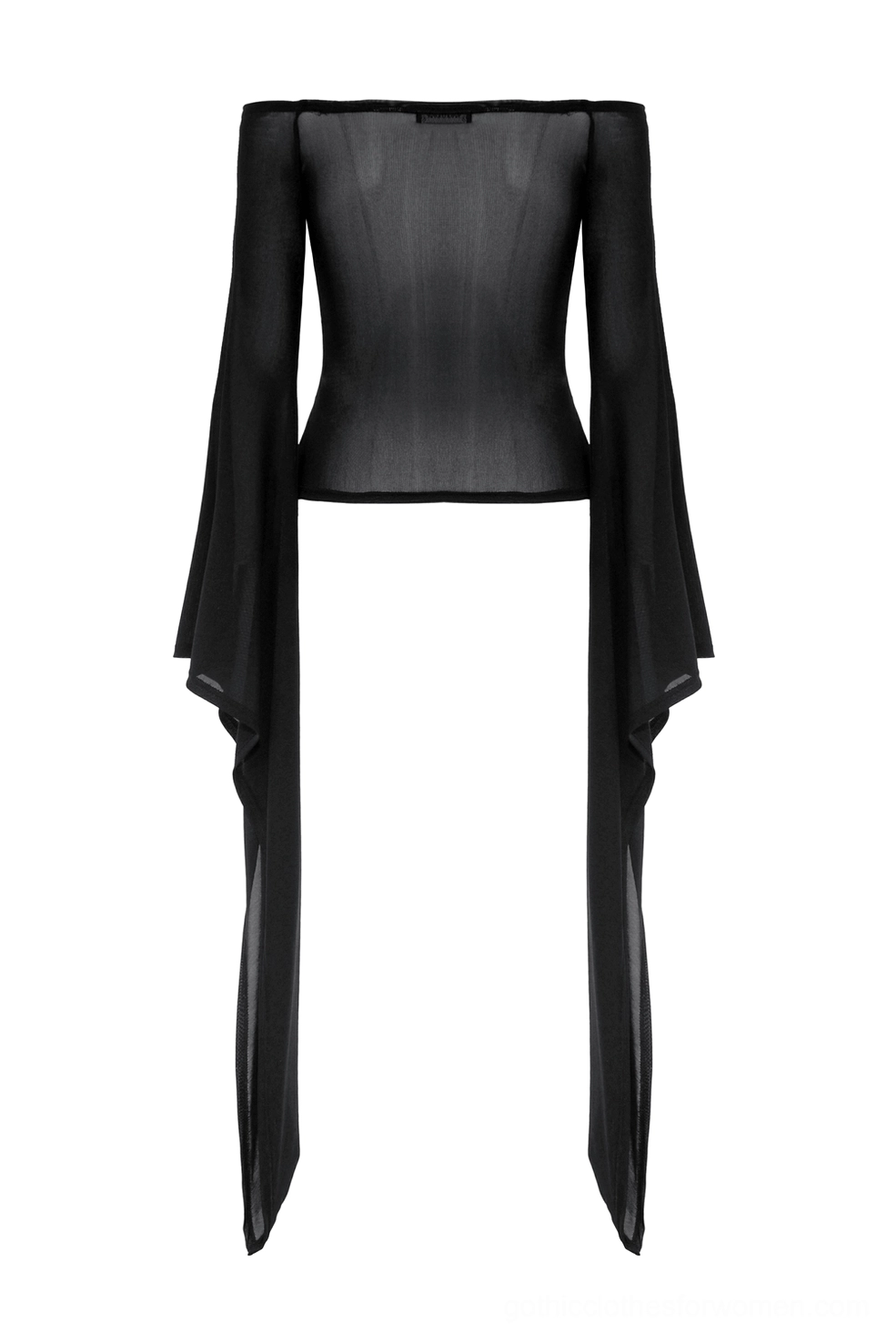 Black sheer mesh trumpet sleeve top flat lay showing dramatic flared sleeves and off-shoulder neckline