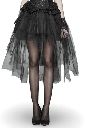 Black gothic mesh victorian bustle skirt front view on model with black stockings and heels