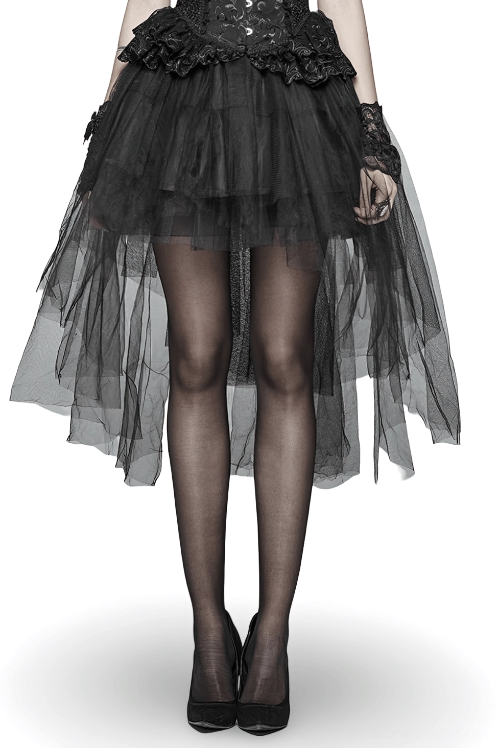 Black gothic mesh victorian bustle skirt front view on model with black stockings and heels