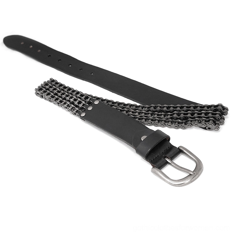 Overhead flat view of black and gunmetal motorcycle chain belt displaying dual-row metal chain attachment and leather strap