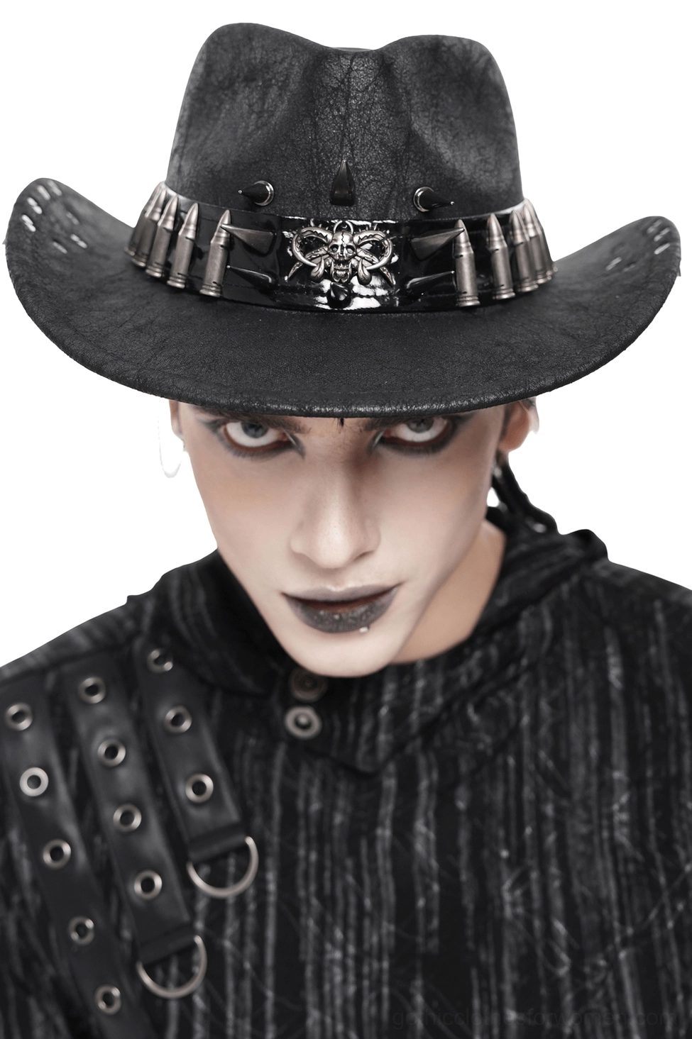 Black metal spike bullet trim gothic cowboy hat front view on male model with gothic makeup and styling