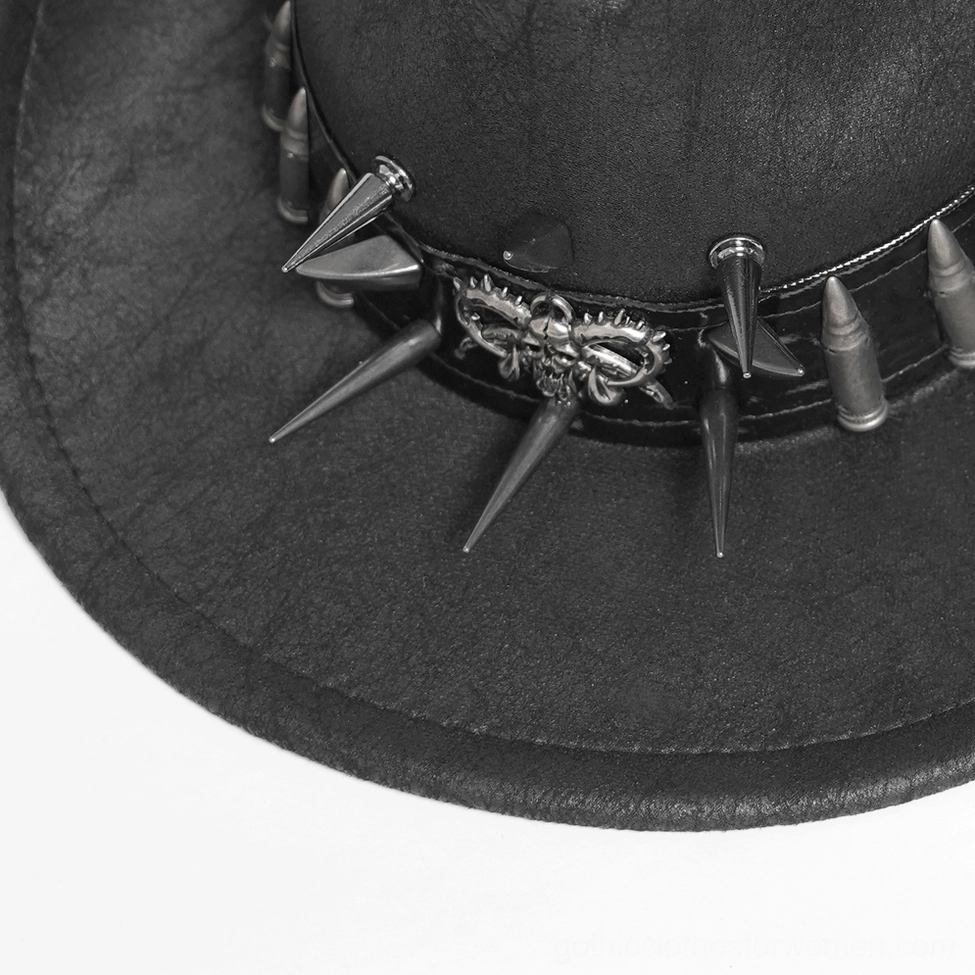 Metal studded gothic cowboy hat alternative angle showing complete spike and bullet trim detail