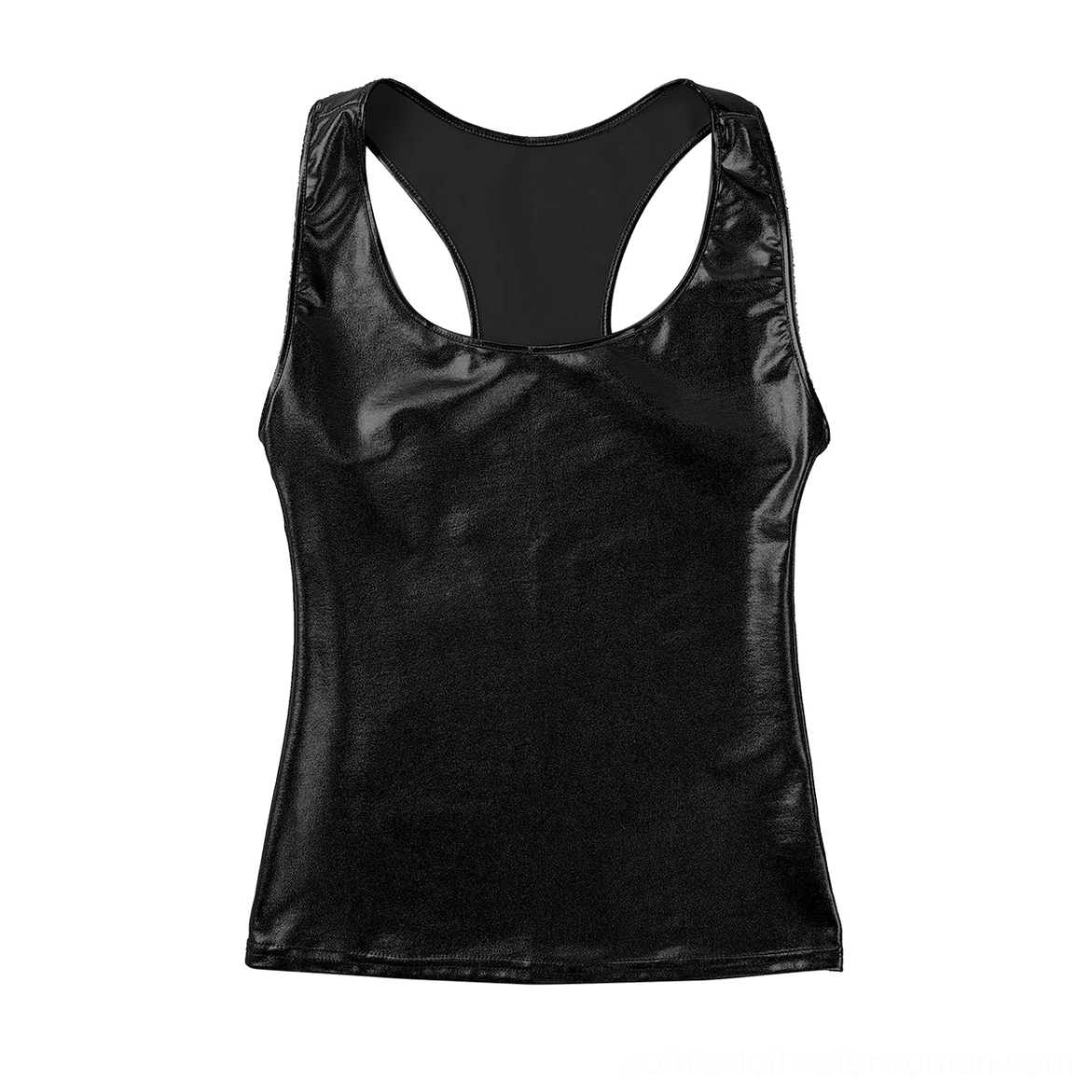 Black glossy metallic tank top flat lay front view, shiny fabric gothic camisole detail