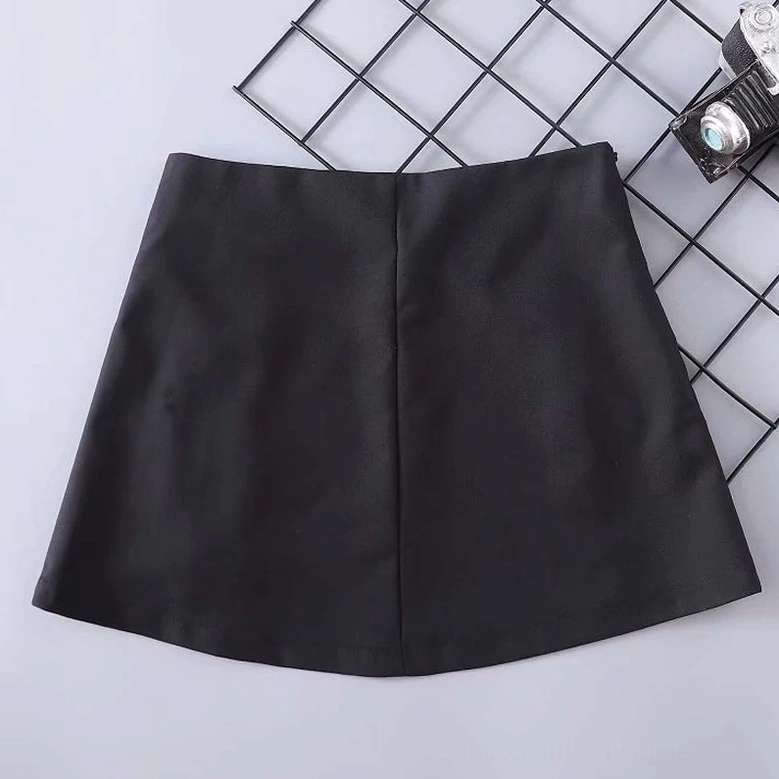 Black mini skirt back flat lay view showing hidden zipper closure and solid tailored construction on gothic dress