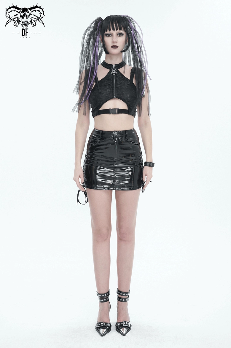 Black faux leather mini skirt product styling showing synthetic leather texture and shine detail