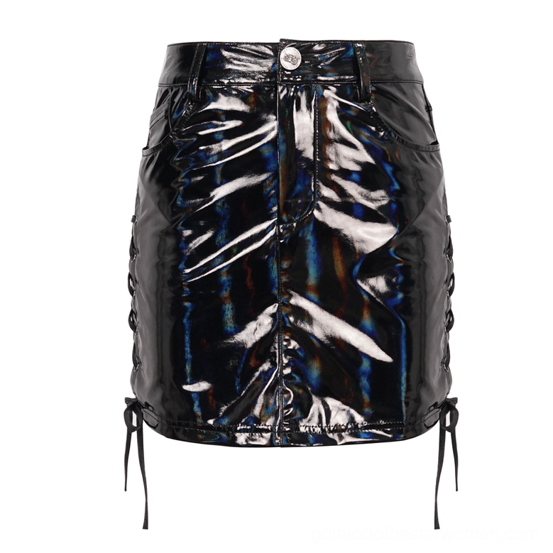 Black faux leather mini skirt flat lay front showing waist hardware and lace-up side closures
