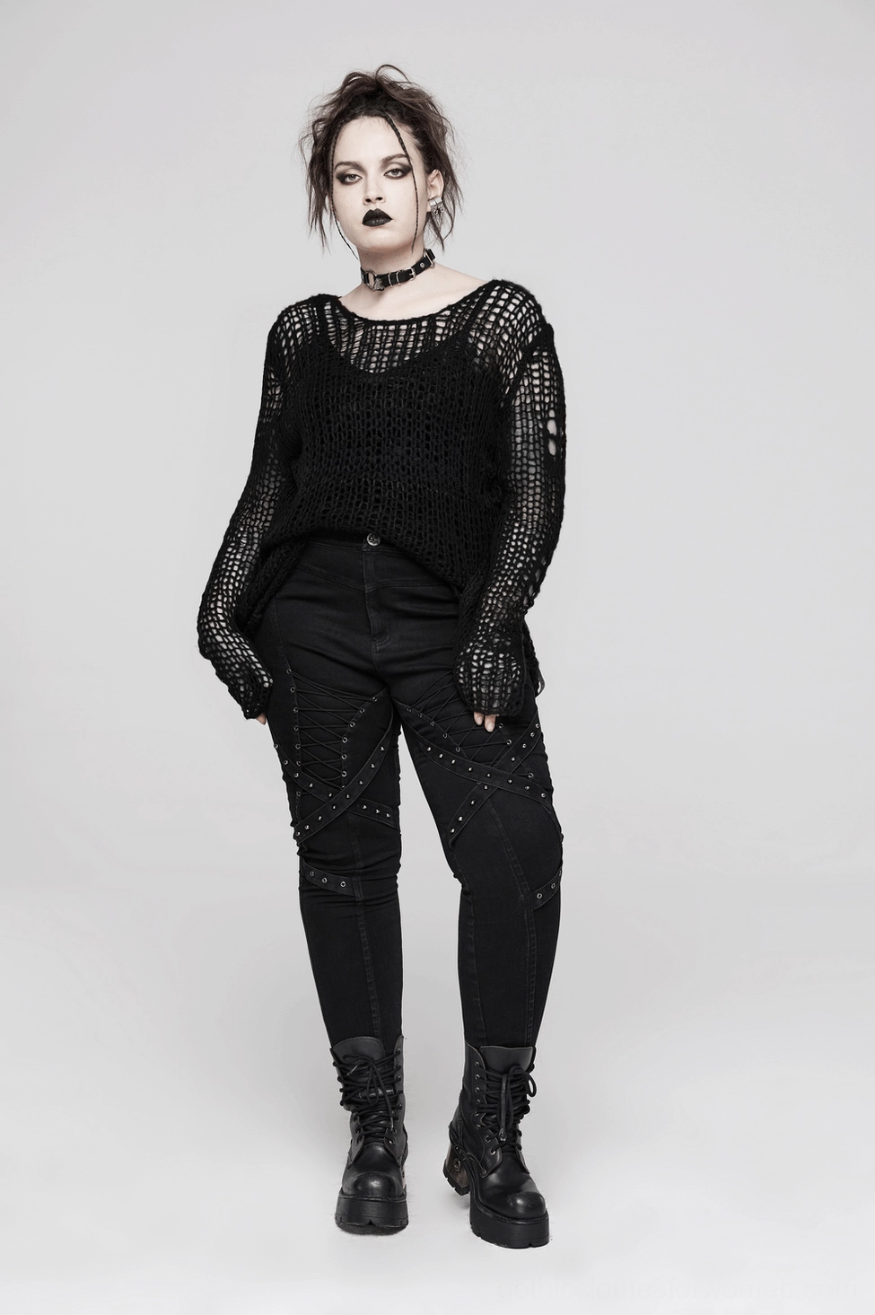 Black gothic pullover sweater detail shot showing soft mohair fiber texture and semi-transparent crocheted weave structure