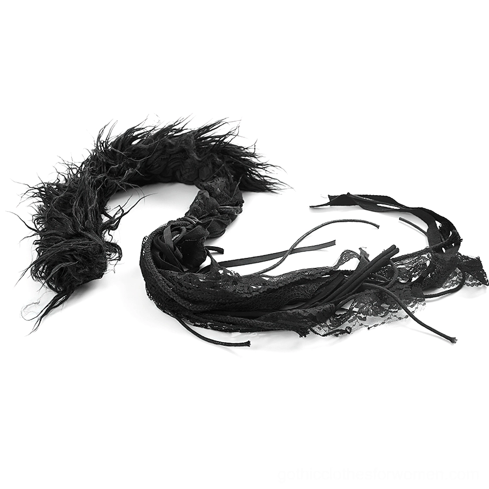 Flat lay display of black faux fur punk mohawk accessory showing faux fur, lace, and fabric straps construction