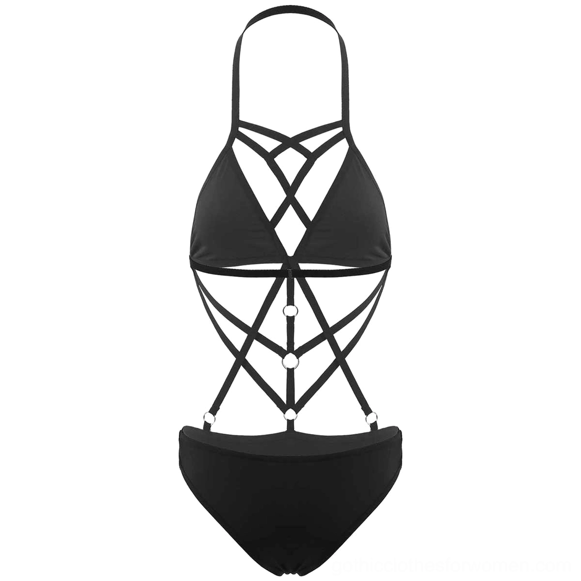 Solid black gothic monokini with simple crisscross front straps, minimalist design on white background
