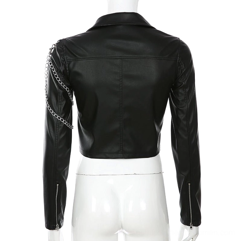 Black cropped leather jacket back full view with silver chains on right sleeve and short hem