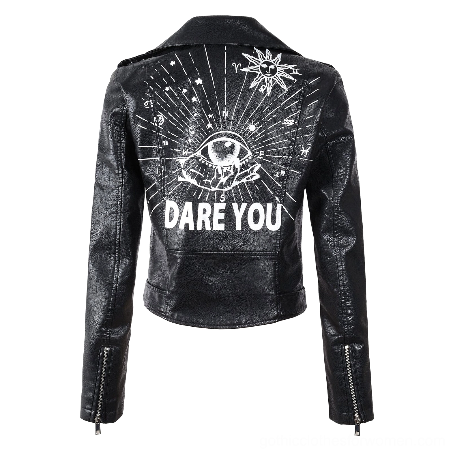 Back flat view of black PU leather jacket showing DARE YOU print and graphic design elements on clean white background