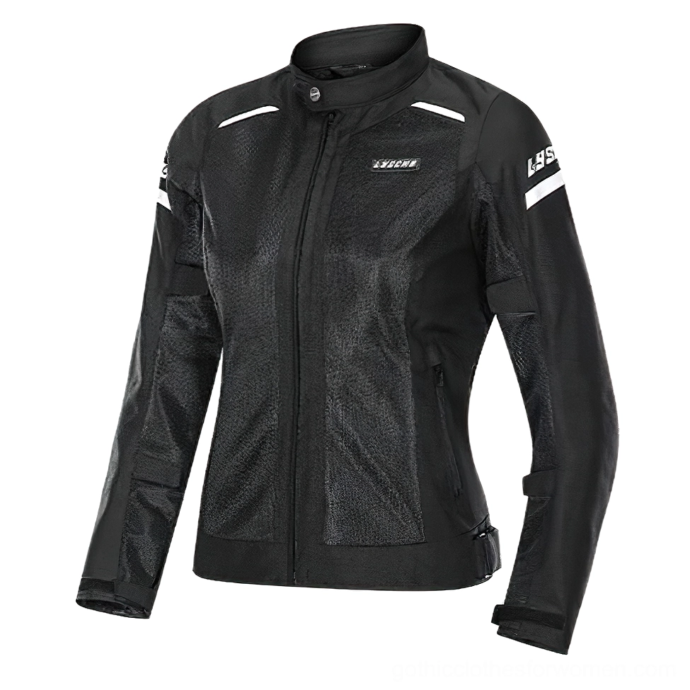 Women's black moto jacket front three-quarter angle with reflective details and side zipper pocket