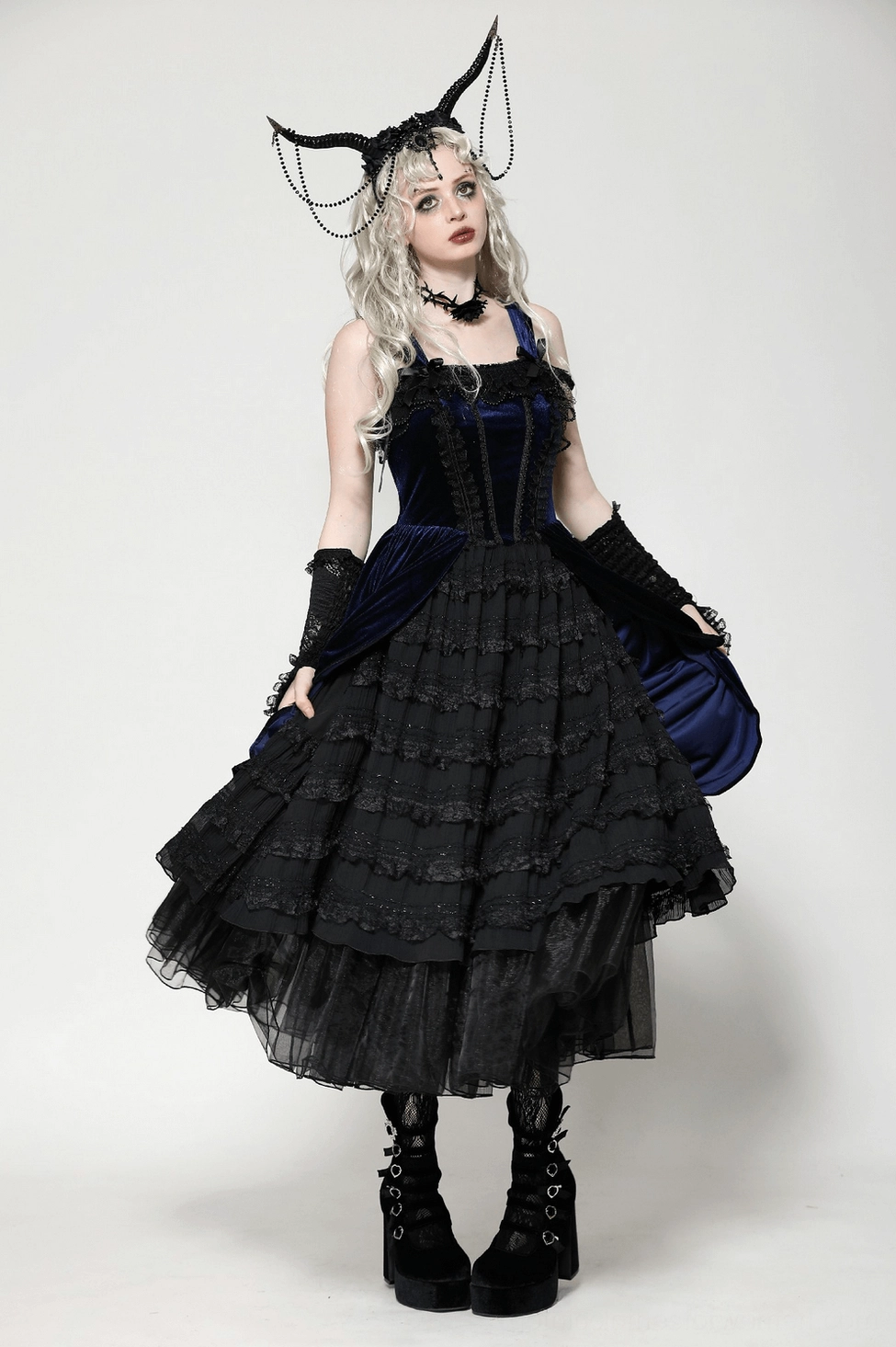Gothic Lolita dress showcasing the elegant two-tone color palette of black and navy velvet