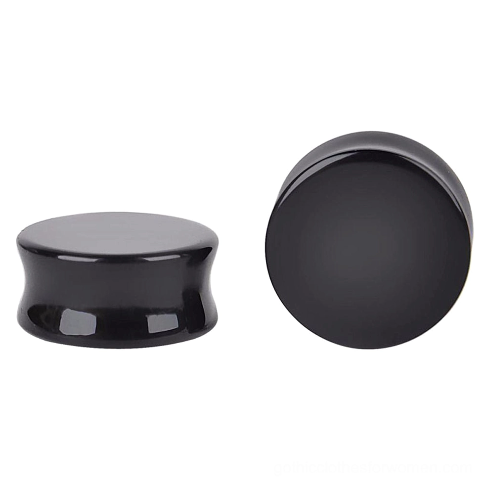 Black obsidian ear plugs and flesh tunnels with polished smooth finish, showcasing the elegant curved hourglass design and jet-black gothic aesthetic from side angle