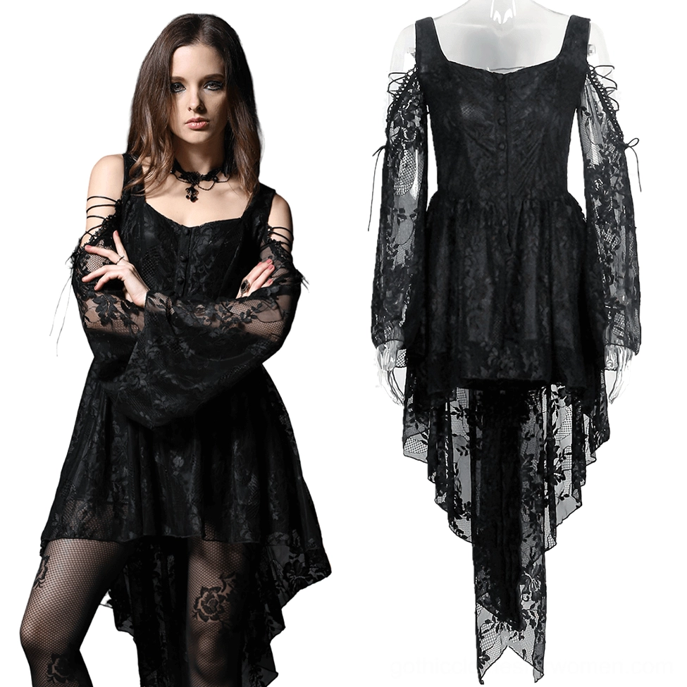 Black off-shoulder gothic lace dress with corset bodice detail, half body model and flat display