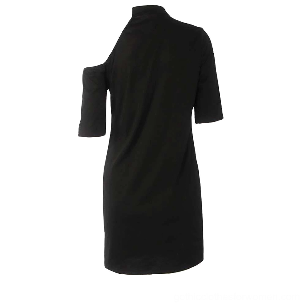 Solid black off-shoulder mini dress back view minimalist design