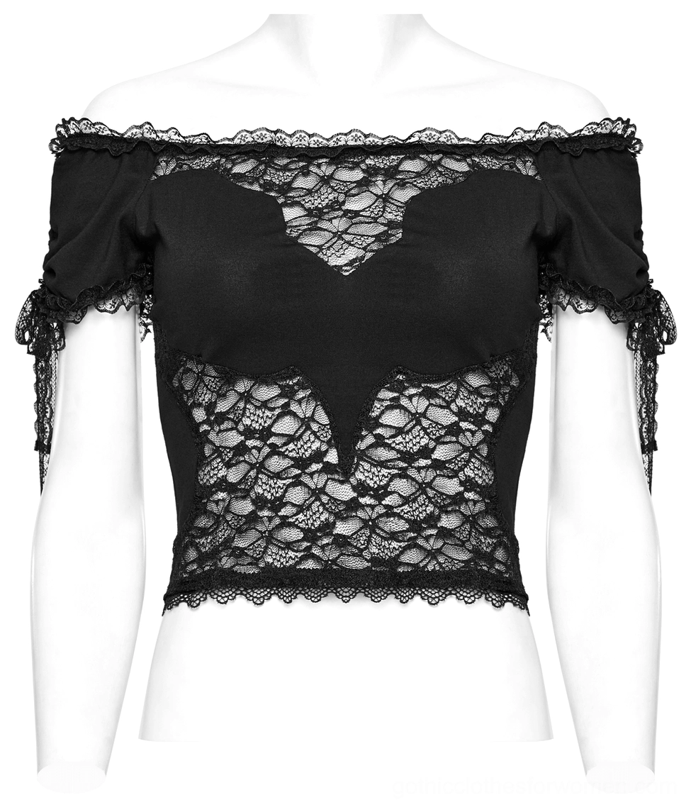 Flat lay front view of black off-shoulder lace crop top with bat-shaped lace panel