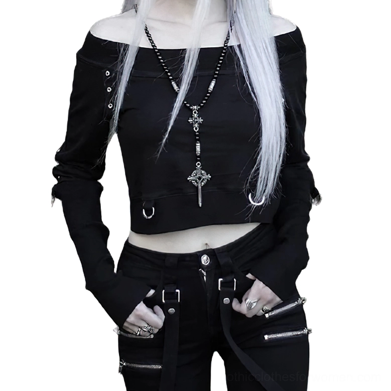 black off-shoulder rivet crop top gothic long sleeve front model view