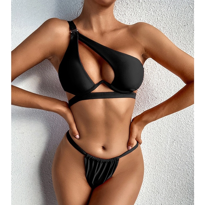 Black one-shoulder gothic bikini full front view with cutout bust and underwire support