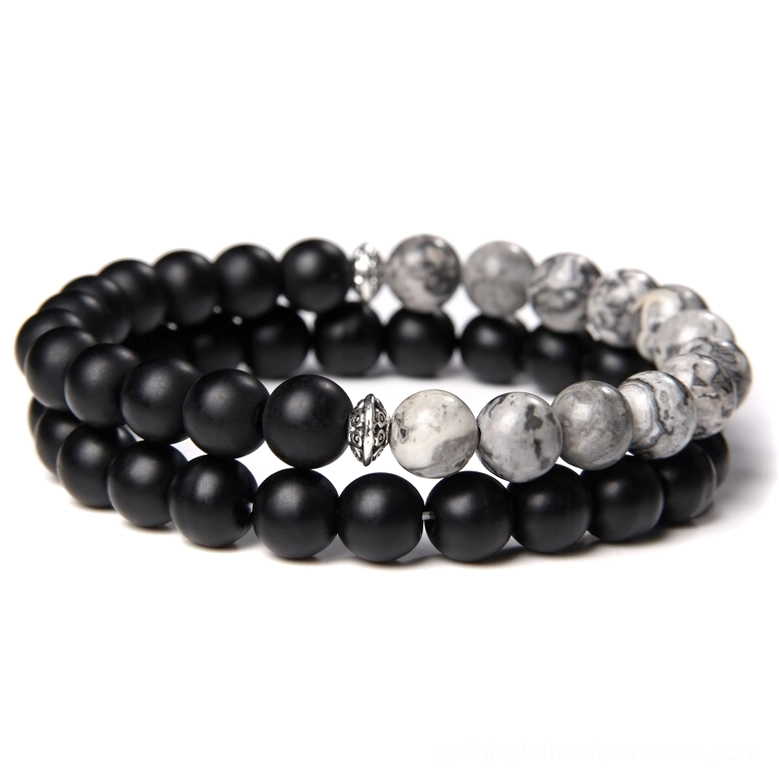 Black onyx and grey mapstone dual-stone gothic beaded bracelet with silver metal spacers, 8mm round beads, unisex elastic wrist jewelry