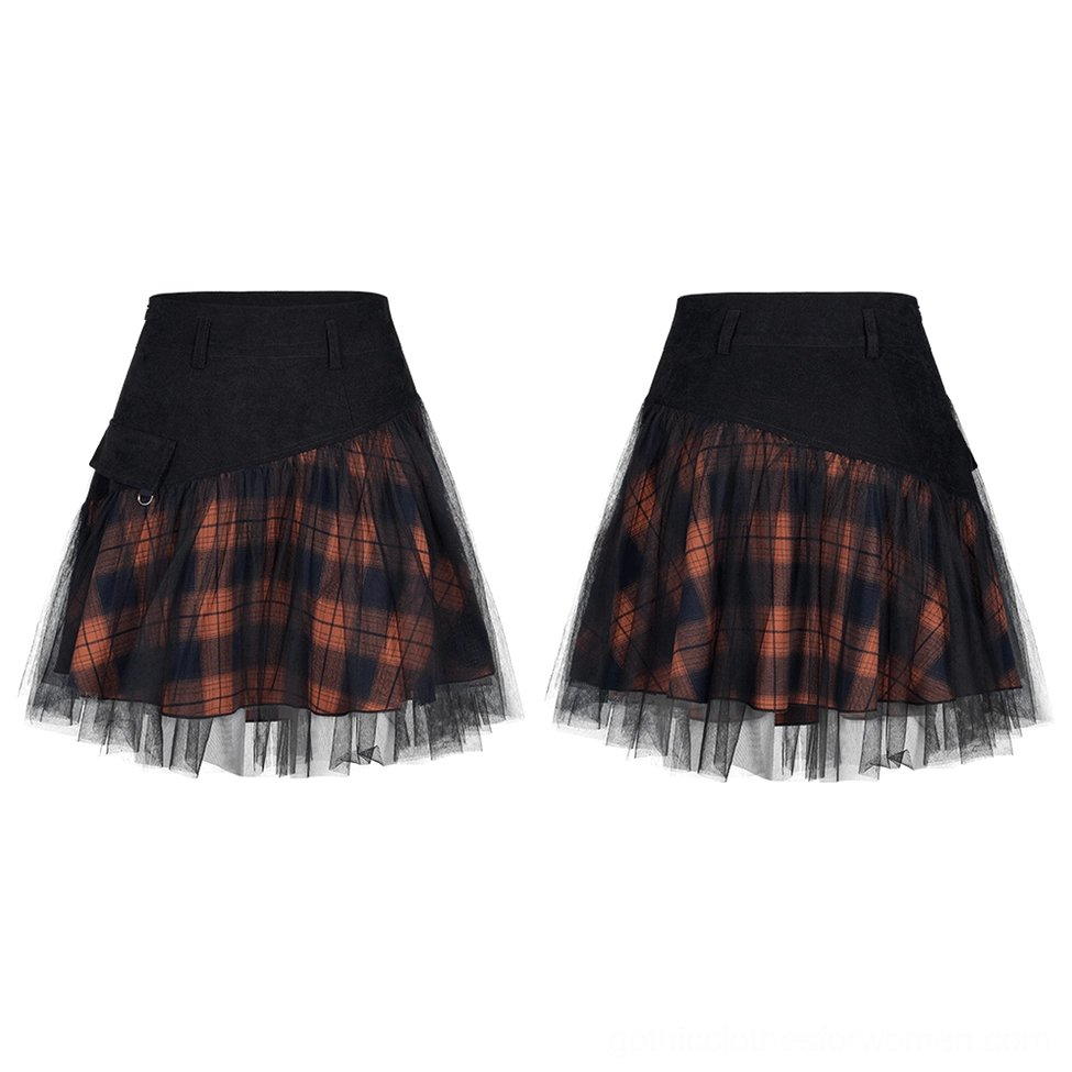 Flat lay side view of two black and orange plaid gothic mesh mini skirts displayed on white background showing full skirt structure