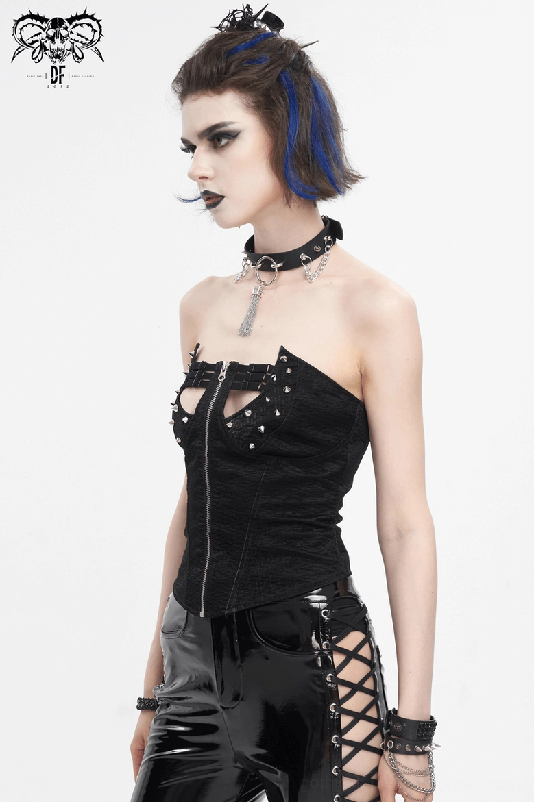 Full view of black overbust rivet corset with front zipper and lace-up back system