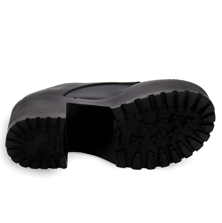 Bottom sole view of black lace-up platform oxford showing lugged EVA rubber outsole and tread pattern