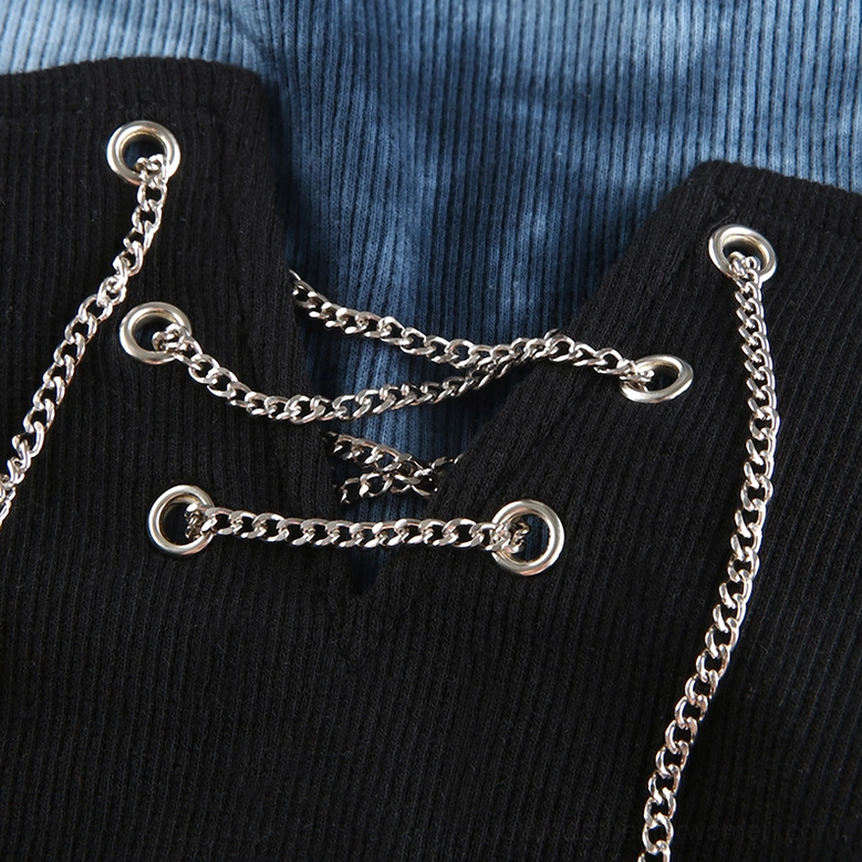 Black patchwork chain crop top with long sleeves, alternative angle showing overall silhouette and design features