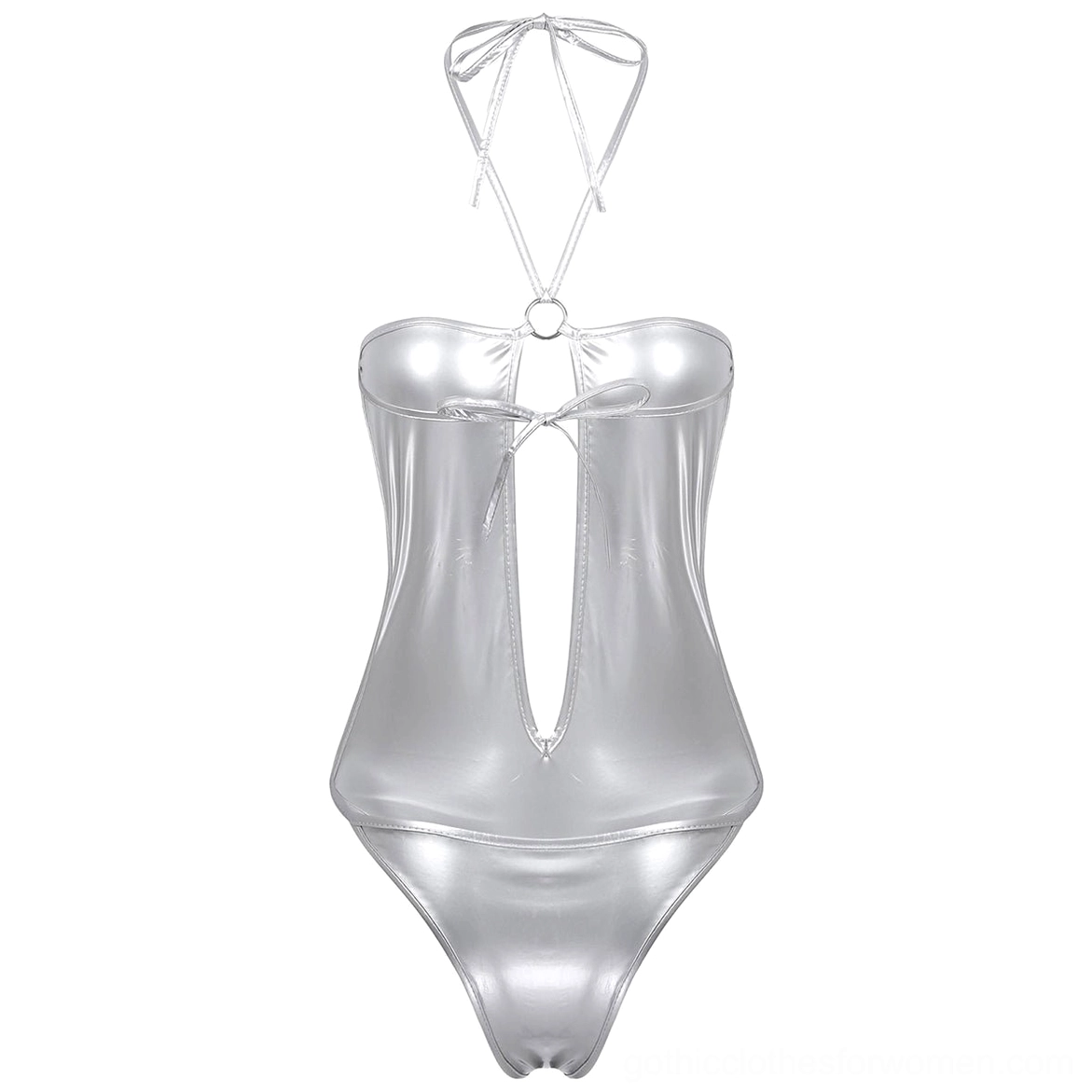 Black patent leather bodysuit flat lay, halter closure, hollow design details