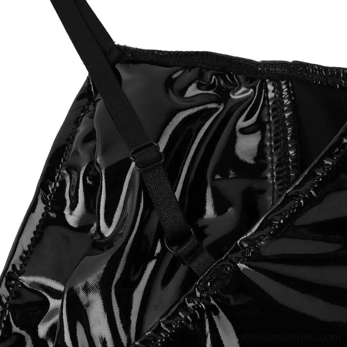 Close-up detail of adjustable spaghetti strap with buckle adjustment mechanism on gothic bodysuit