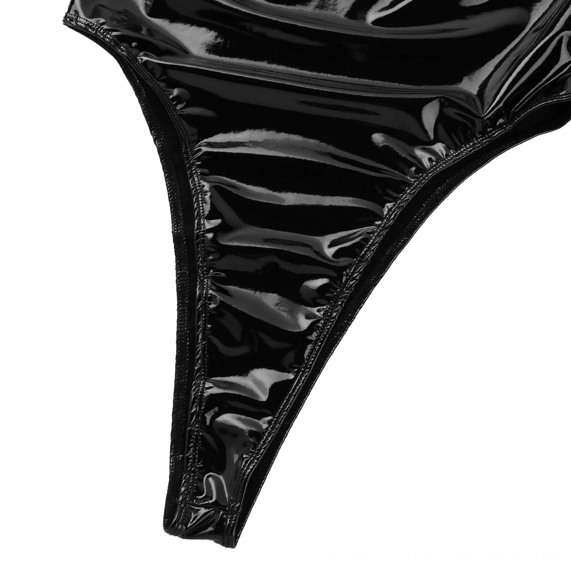 Close-up detail of black patent leather thong bodysuit fabric texture showing glossy finish