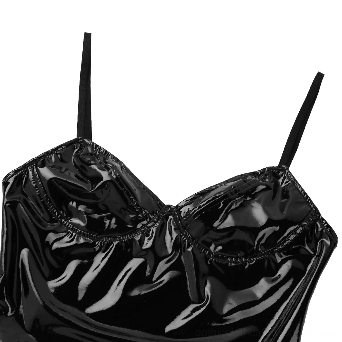 Close-up detail of V-shaped underwire neckline cup design on black patent leather gothic bodysuit