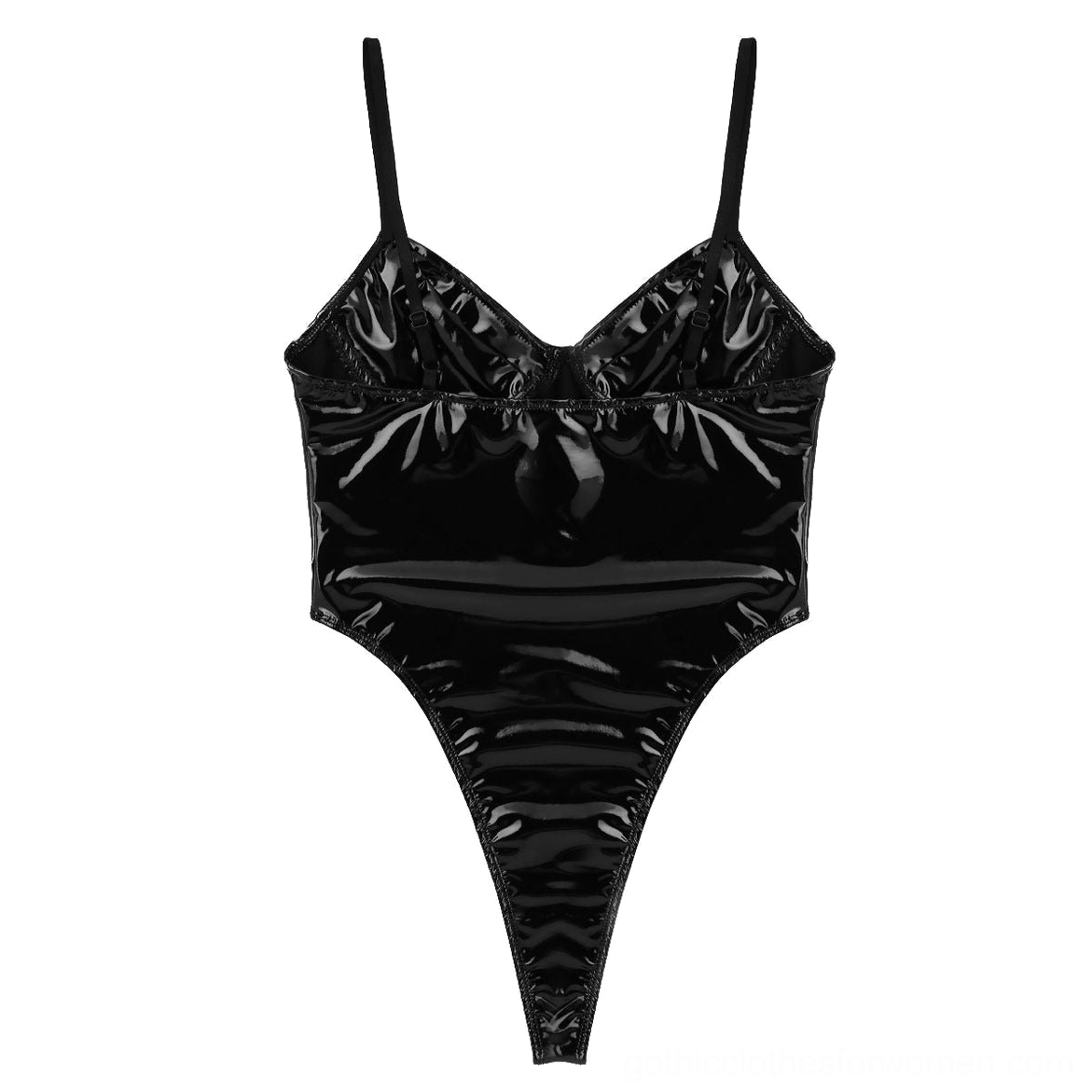 Black patent leather gothic bodysuit flat lay rear view displaying adjustable strap buckles and back design