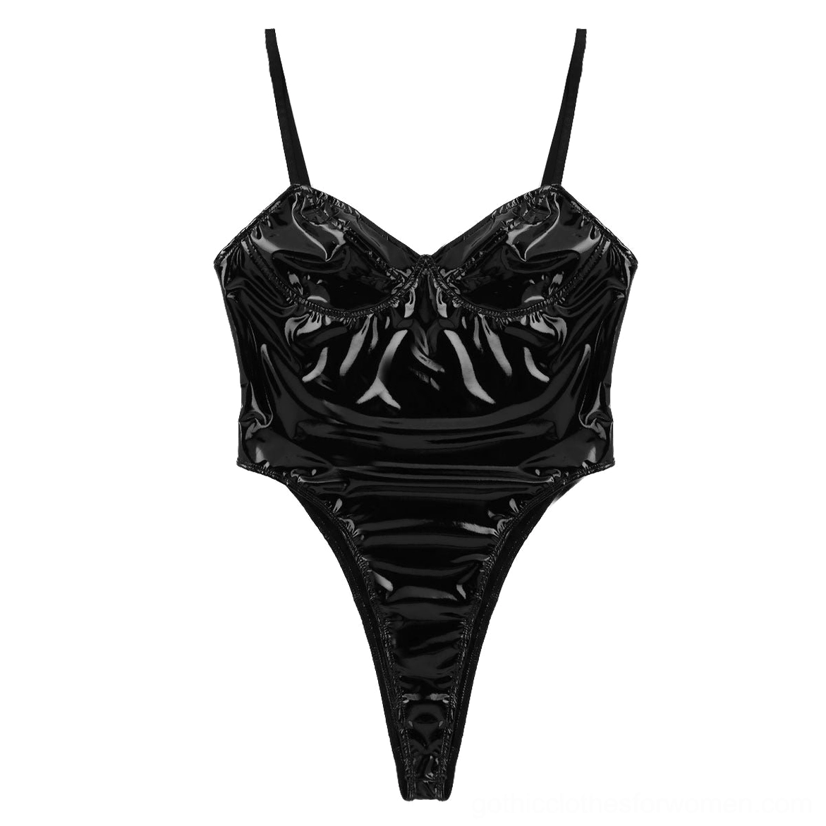 Black patent leather gothic bodysuit flat lay front view showing V-shaped underwire cups and overall silhouette