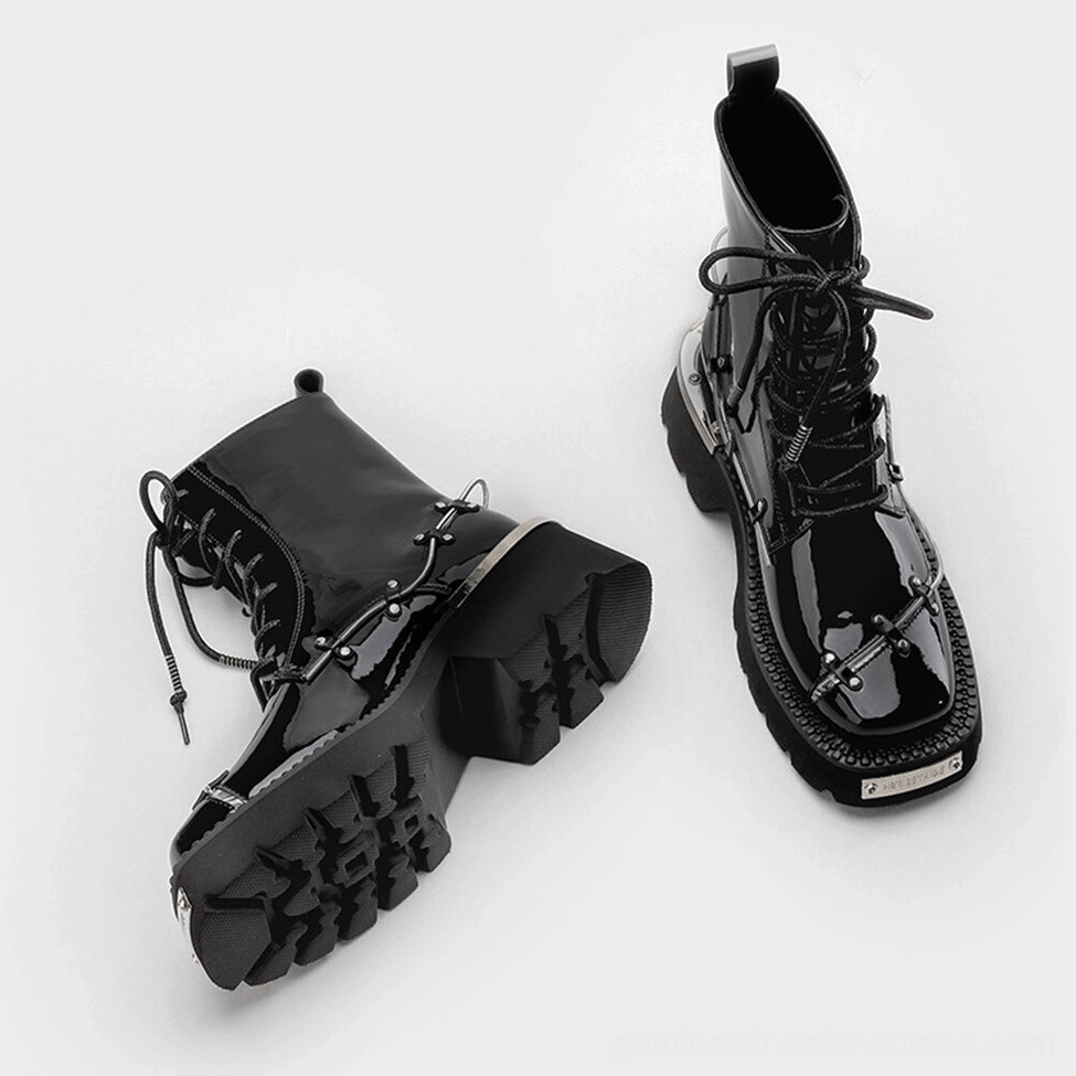 Black patent leather gothic boots displayed from multiple angles, showing outsole, square toe, and glossy finish