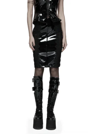 Black patent leather gothic skirt front view on model with platform combat boots - V-shaped waistband and mesh lace panels