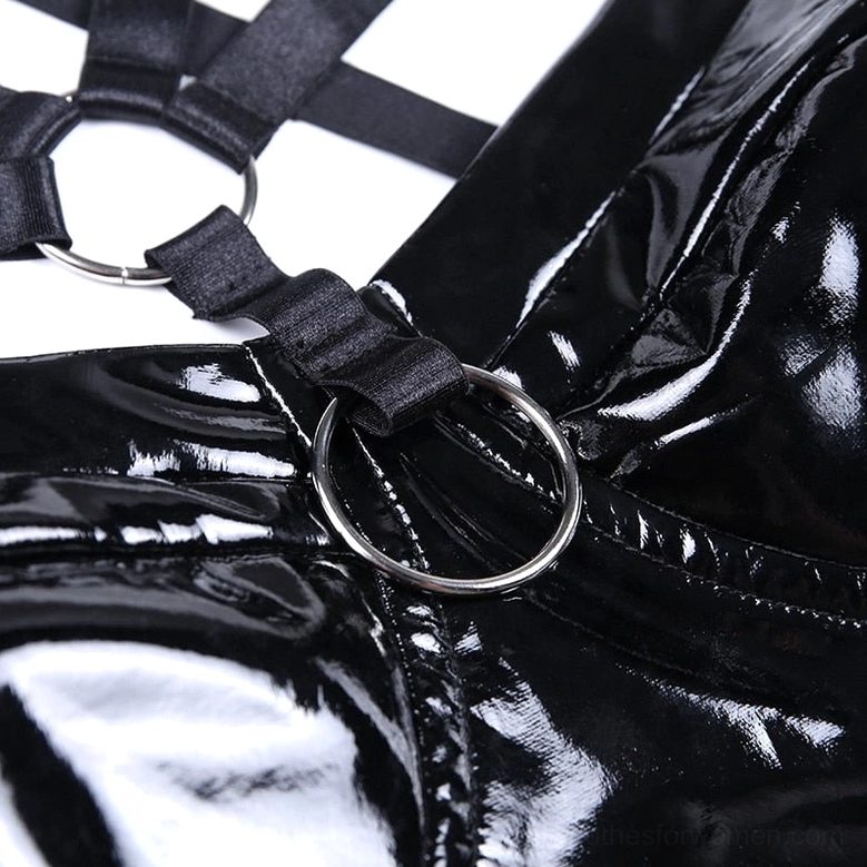 Black patent leather gothic crop cami showcasing sculptural hollow out design and glossy finish detail