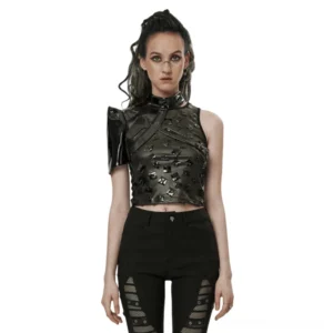 Black glossy patent leather one-shoulder gothic cyberpunk harness with mesh panels, worn by model in front full-body view on white background