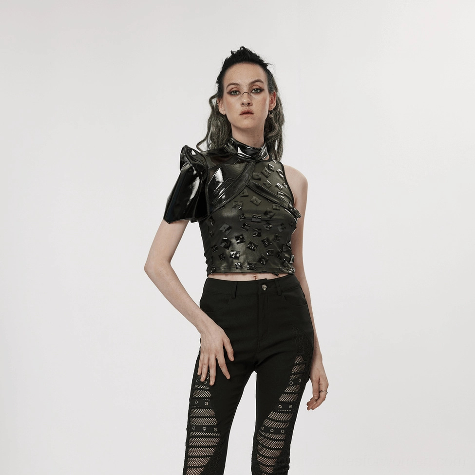 Complete view of black glossy patent leather one-shoulder harness featuring futuristic cyberpunk design elements
