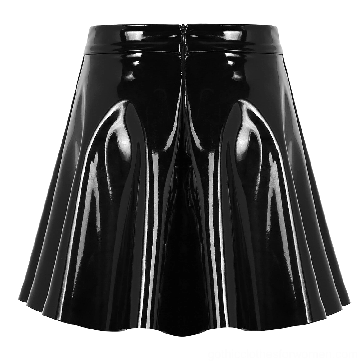 Black gothic mini skirt back flat view, symmetrical deep pleats and back zipper fastener details