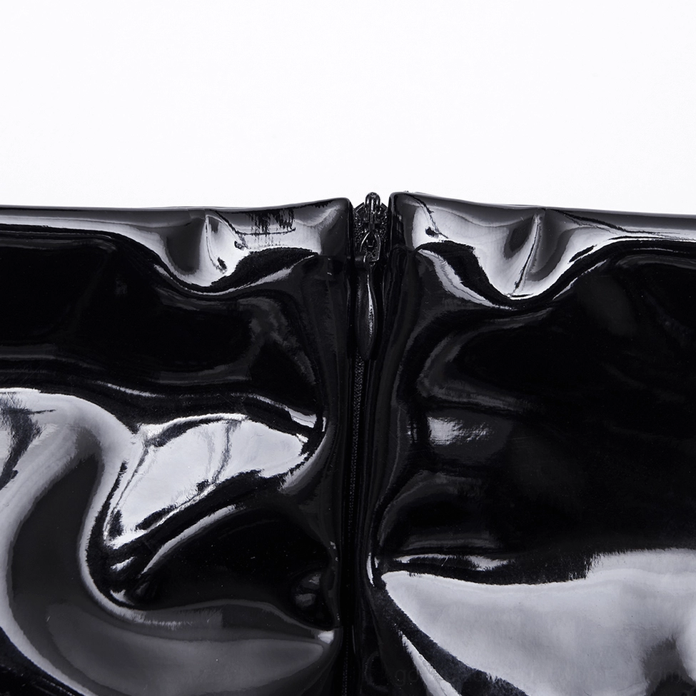 Glossy black patent leather gothic skirt texture and finish close-up showing high-shine detail