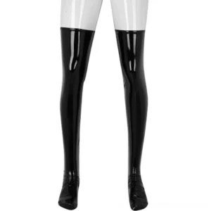 Black wet-look patent leather thigh-high stockings frontal view on mannequin legs, showcasing glossy finish and full-foot tight fit design