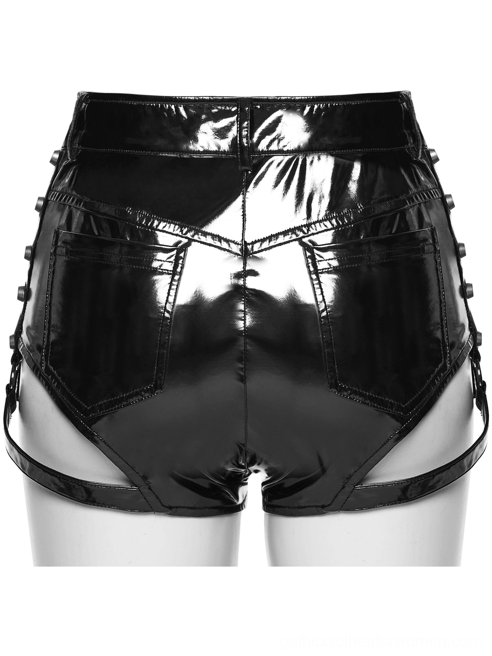 Black patent leather shorts back view - showing back pockets and side stud straps
