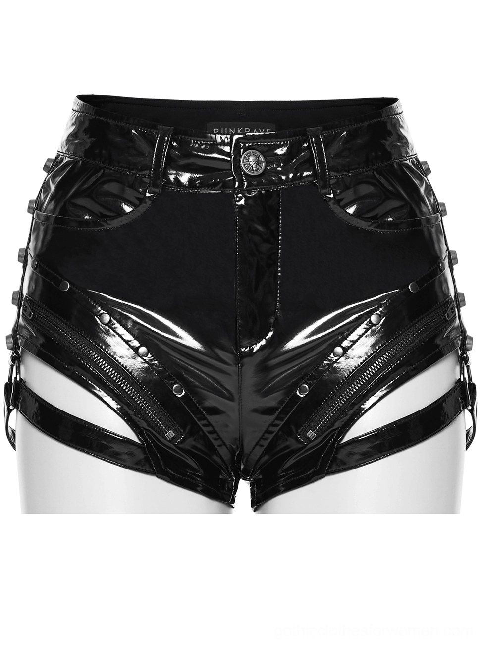 Black patent shorts with triangular leg cutouts - front flat lay detail