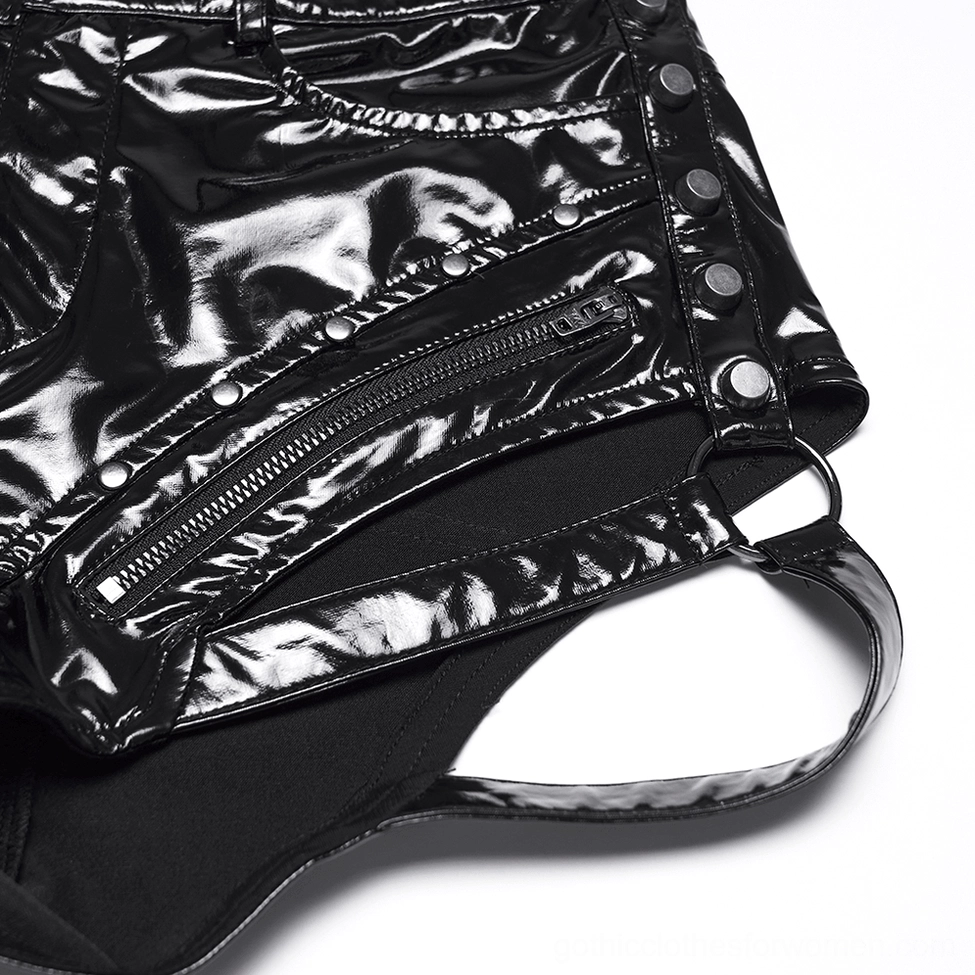 Black patent leather low-rise shorts - showing waist button and zipper details