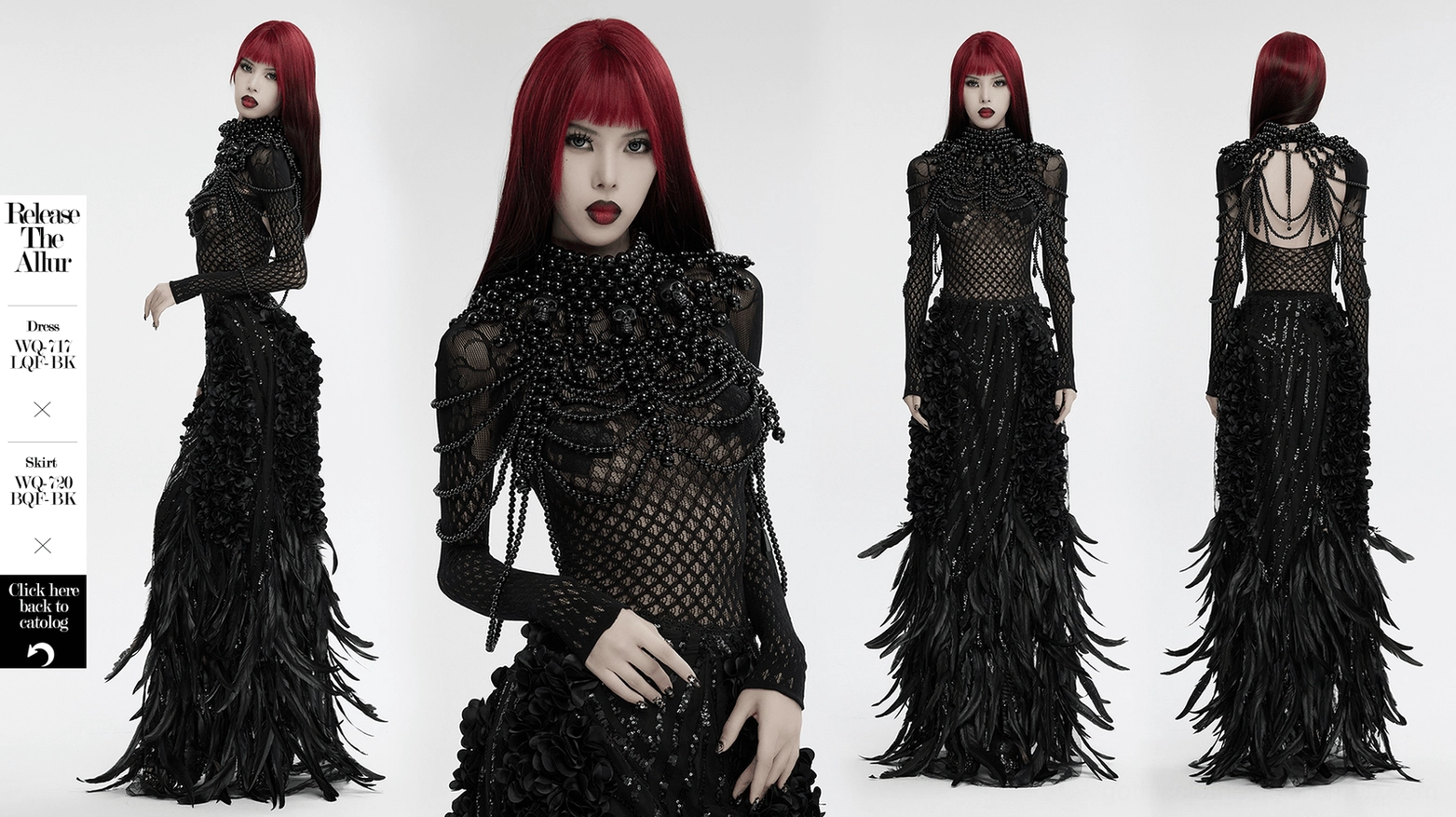 Black pearl gothic skull body harness and accessory full product display from multiple angles